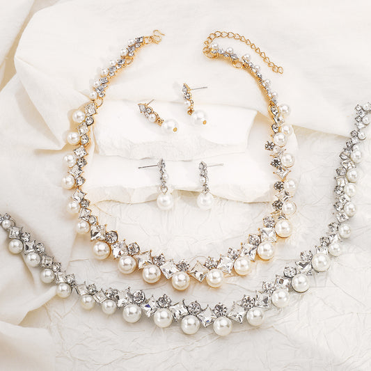 Baroque Bridal Jewelry Set – Alloy Necklace & Pearl Earrings