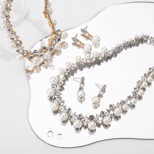 Baroque Bridal Jewelry Set – Alloy Necklace & Pearl Earrings